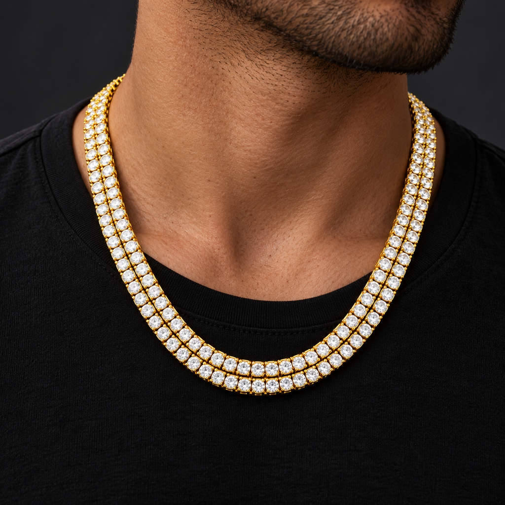 The Double Halo Chain — Gold-tone worn on a model — AI-generated styling image