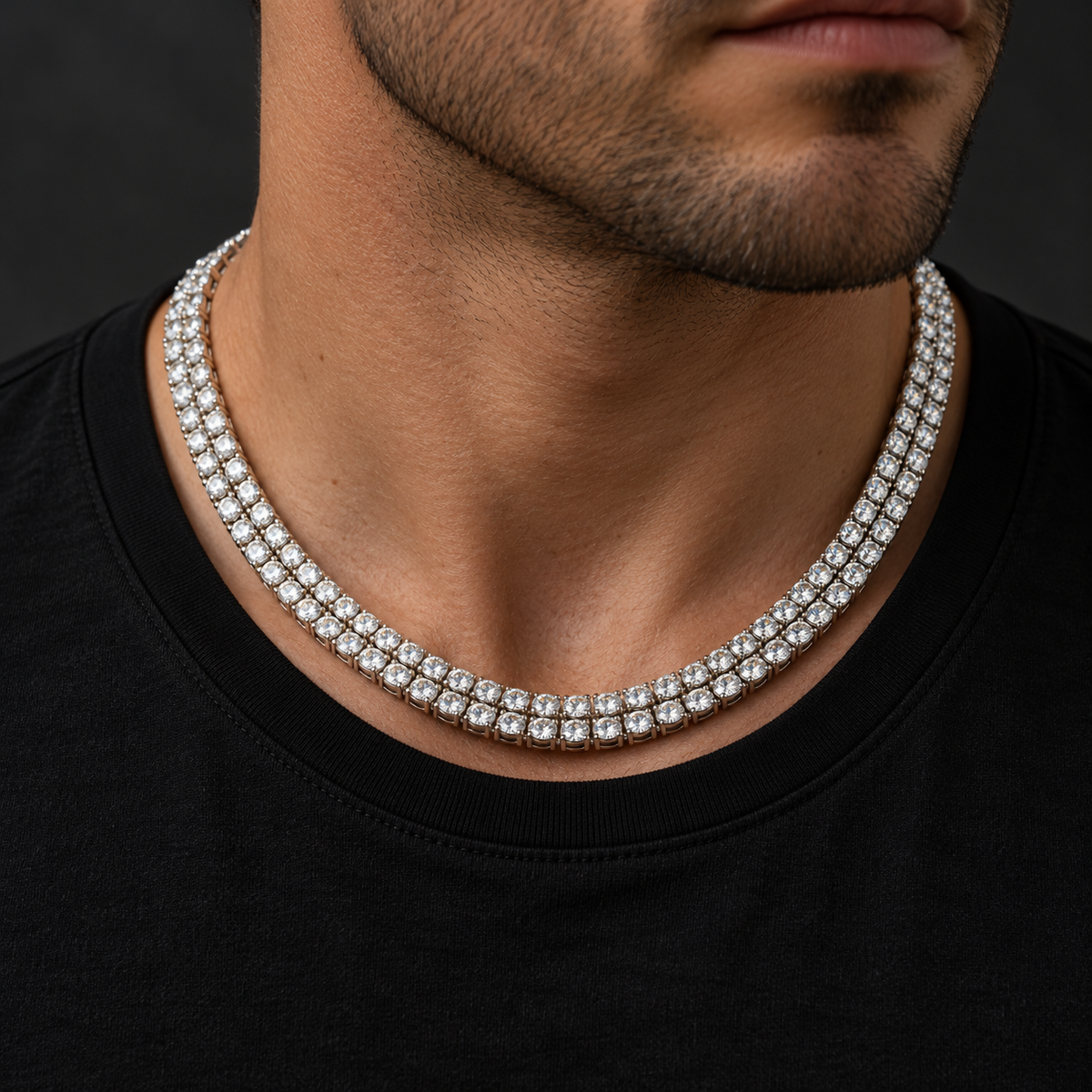 The Double Halo Chain — Silver-tone worn on a model — AI-generated styling image