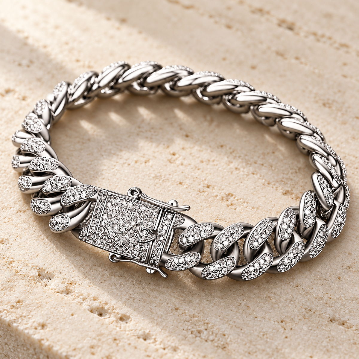 The Cuban Cuff — Silver-tone detail view on cream stone