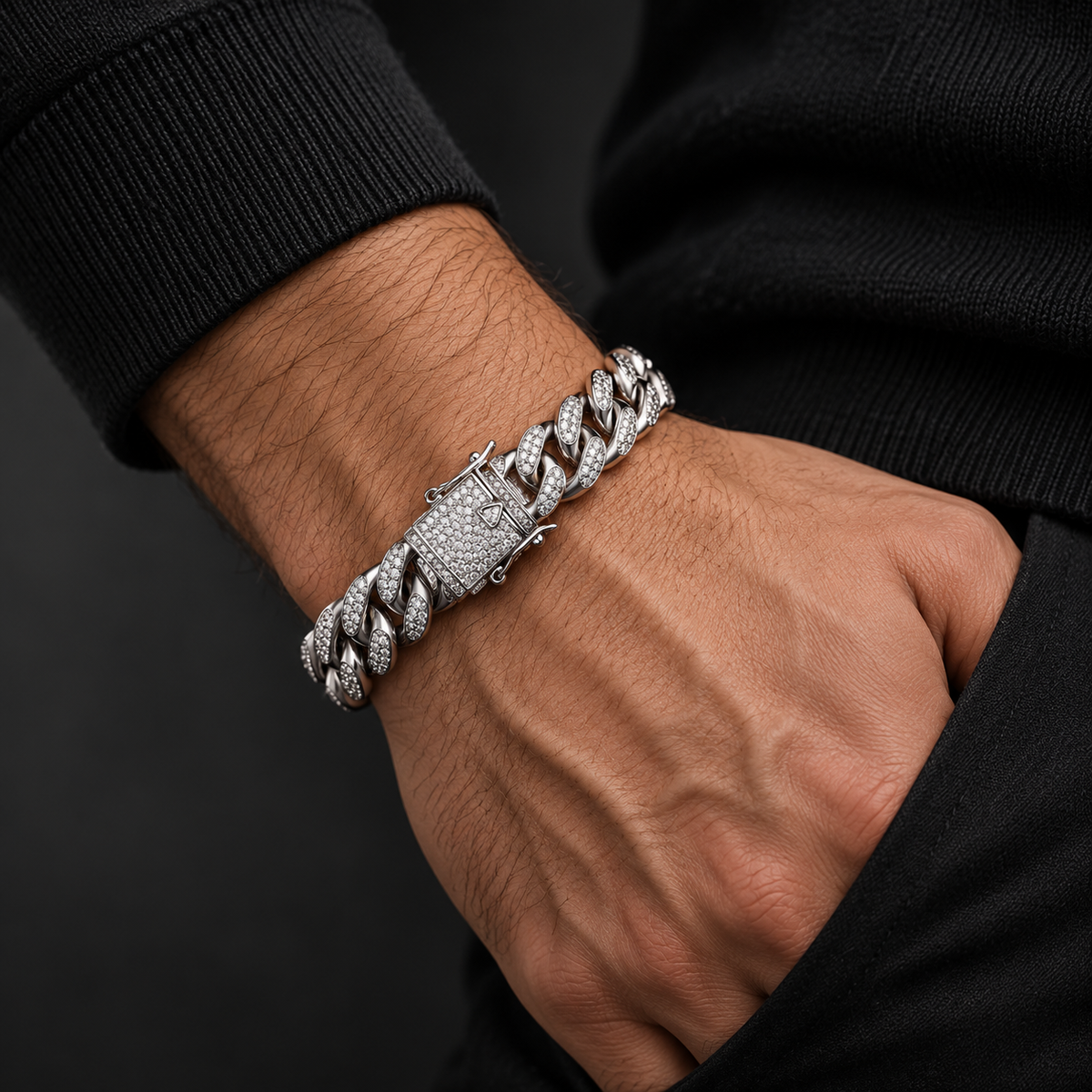 The Cuban Cuff — Silver-tone worn on a model — AI-generated styling image