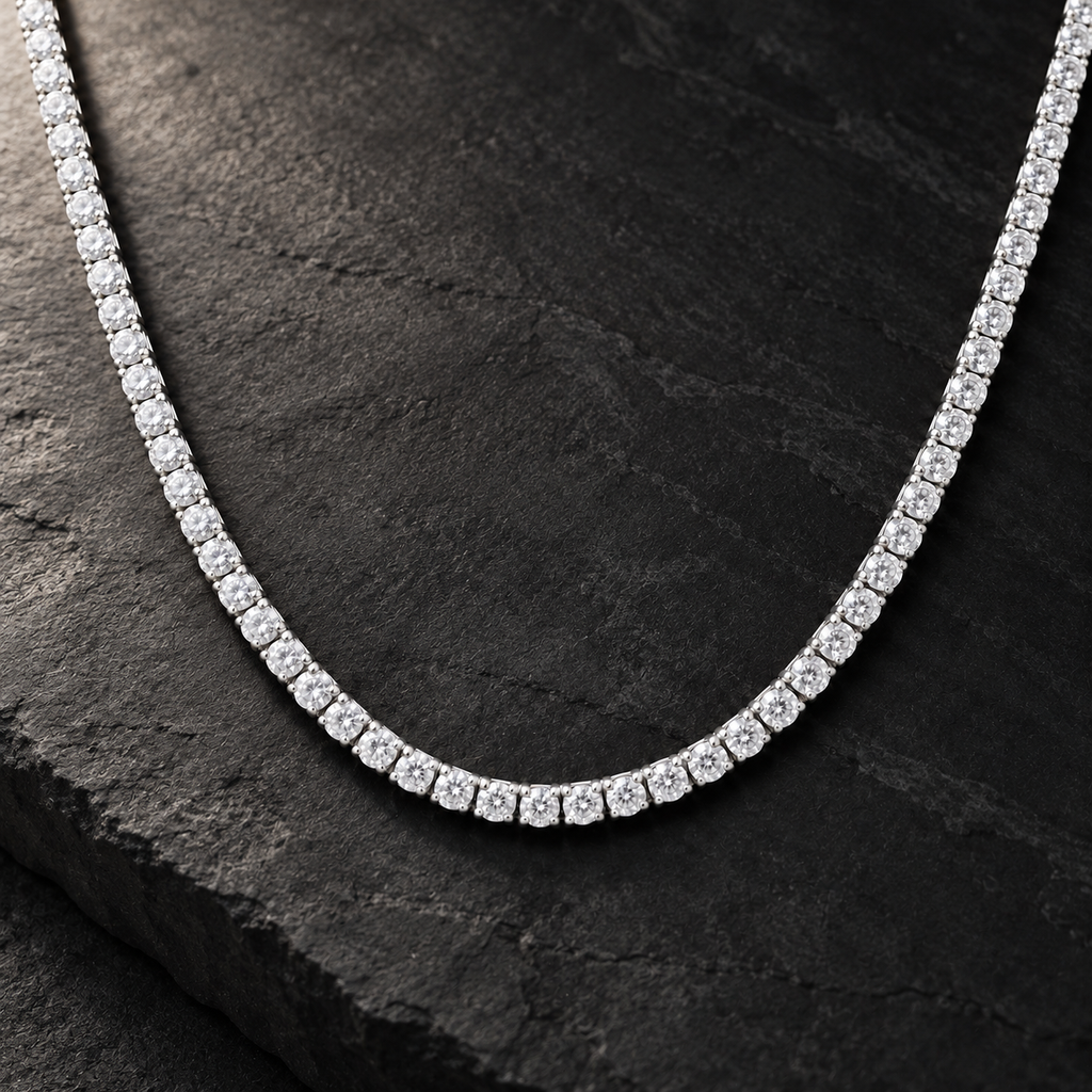The Tennis Club Necklace — Silver-tone editorial view on charcoal stone