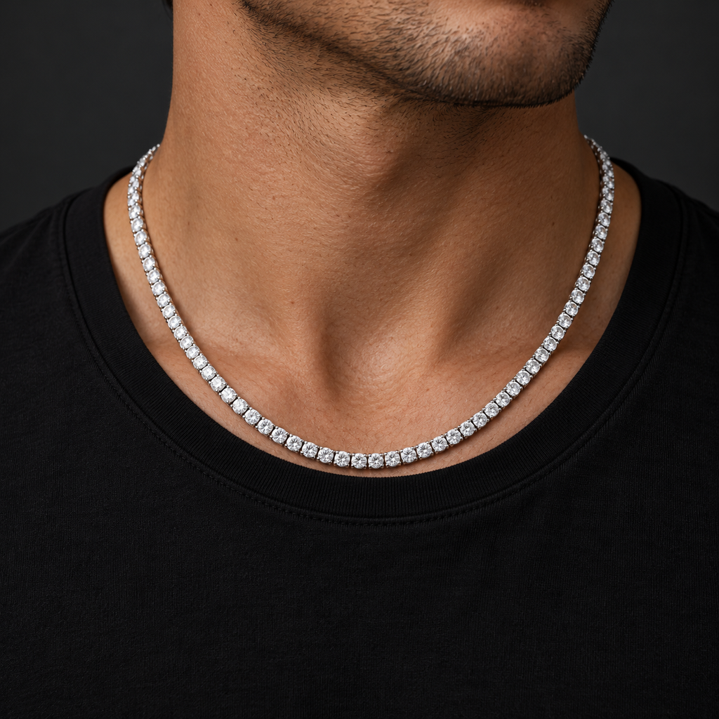 The Tennis Club Necklace — Silver-tone worn on a model — AI-generated styling image