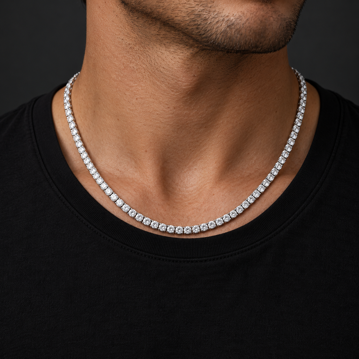 The Tennis Club Necklace — Silver-tone worn on a model — AI-generated styling image
