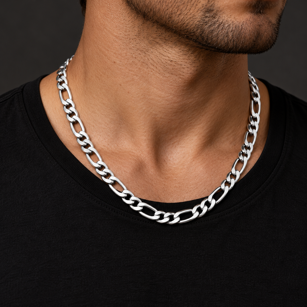 The Figaro Chain — Silver-tone worn on a model — AI-generated styling image