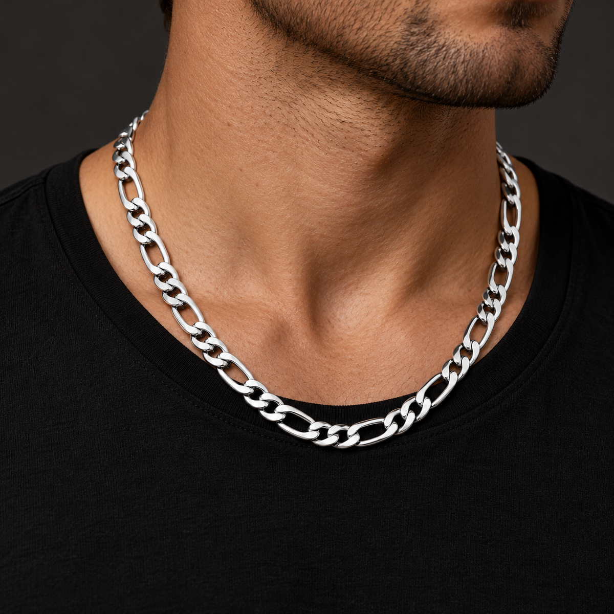 The Figaro Chain — Silver-tone worn on a model — AI-generated styling image
