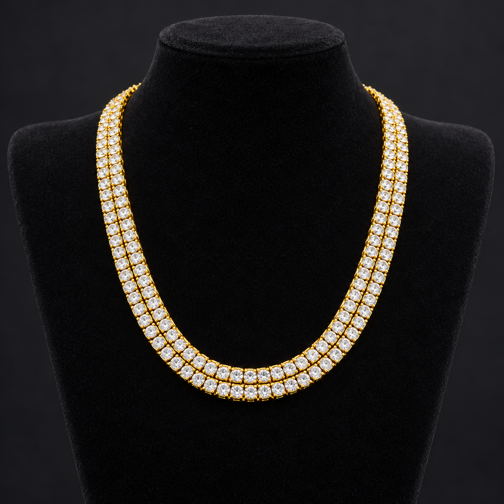 NORTHLINE Double Halo gold-tone double-row chain on a black necklace display