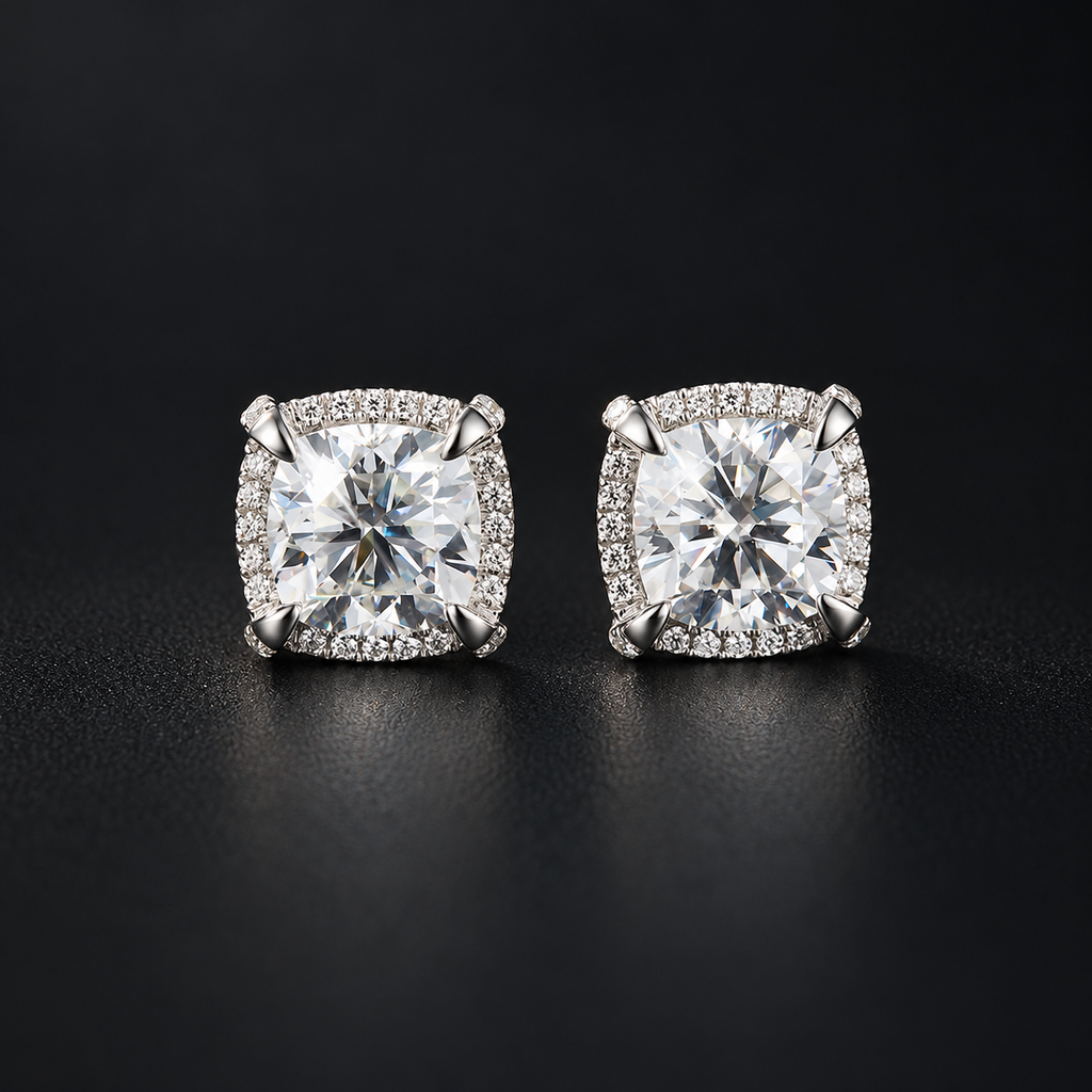 NORTHLINE Cushion Halo Studs pair showing cushion-shaped centers and halo settings