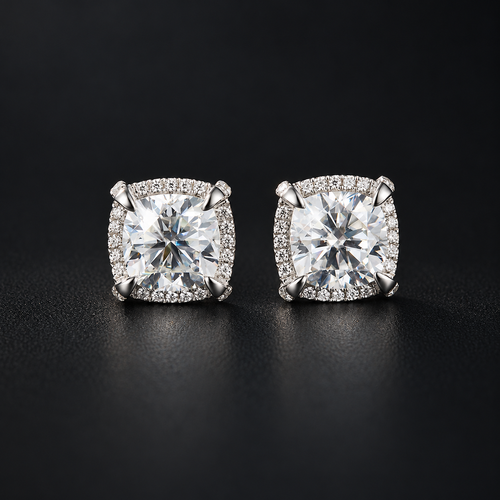 NORTHLINE Cushion Halo Studs pair showing cushion-shaped centers and halo settings