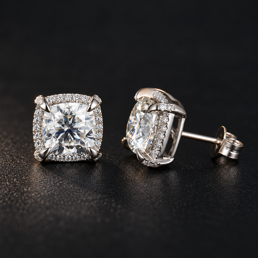 NORTHLINE Cushion Halo Studs front and side views showing the post