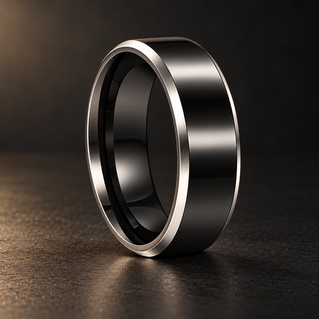 NORTHLINE Sleek Black Ring standing upright on dark stone