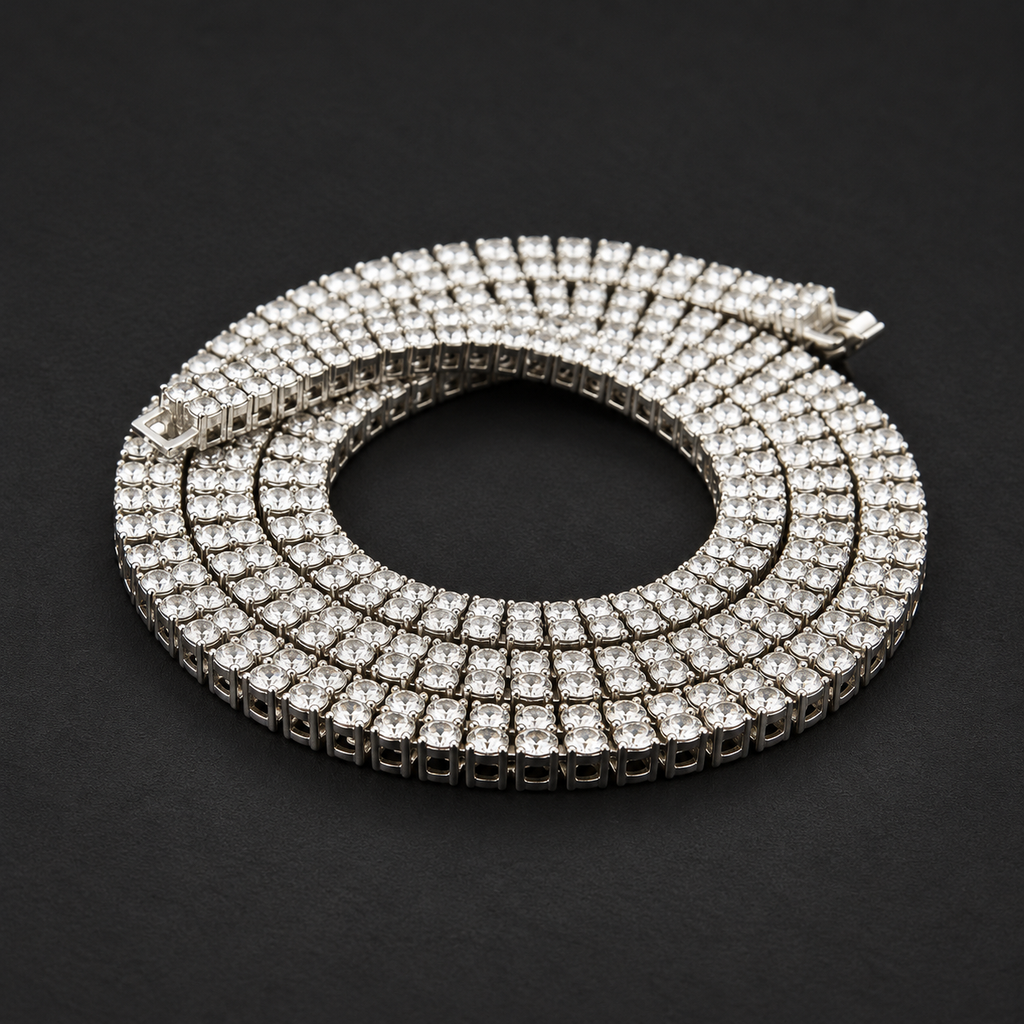 NORTHLINE Double Halo silver-tone stone-set chain coiled on a dark surface
